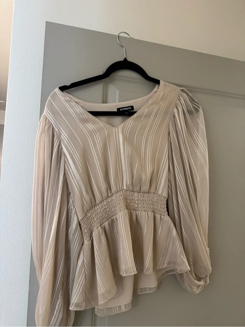 Express Beige Cream Striped Peplum Blouse
